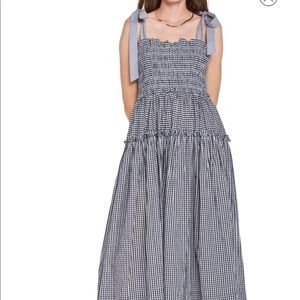 En saison -Gingham Smock Dress 48 1/2" length, tie straps, Part lined, cotton XS